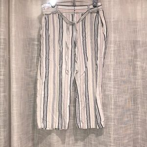 Pink White & Blue Crop Striped Linen Blend Pants